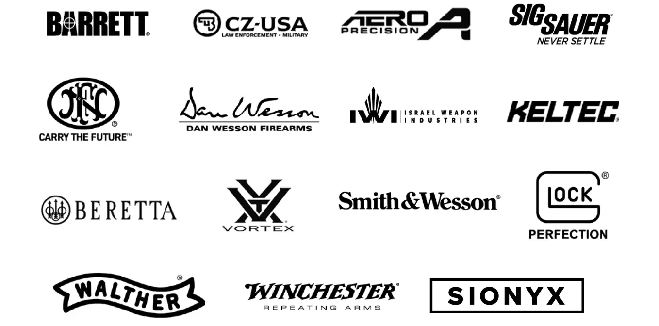Firearm brand logos featuring Barrett, CZ-USA, SIG Sauer, Beretta, Smith & Wesson, Glock, Walther, Winchester, and other manufacturers.
