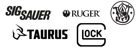Firearm manufacturer logos featuring SIG Sauer, Ruger, Smith & Wesson, Taurus, and Glock.